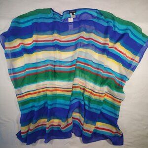 NWT Talbots Silk Kaftan Blouse Top Blue Green Stripes Size L/XL Semi-Transparent